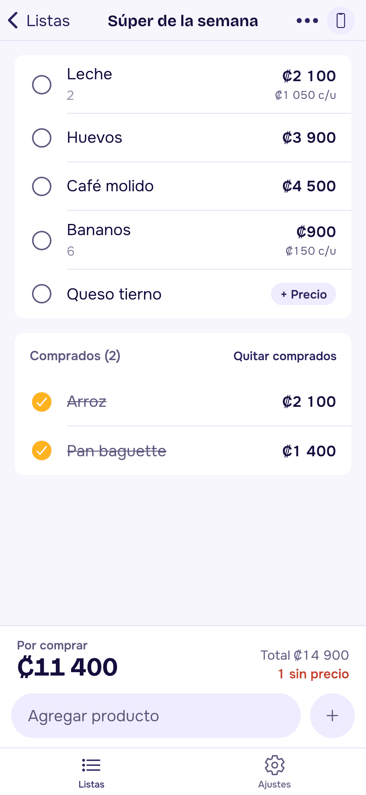 Lista de compras con precios en colones: muestra 11 400 colones por comprar de un total de 14 900