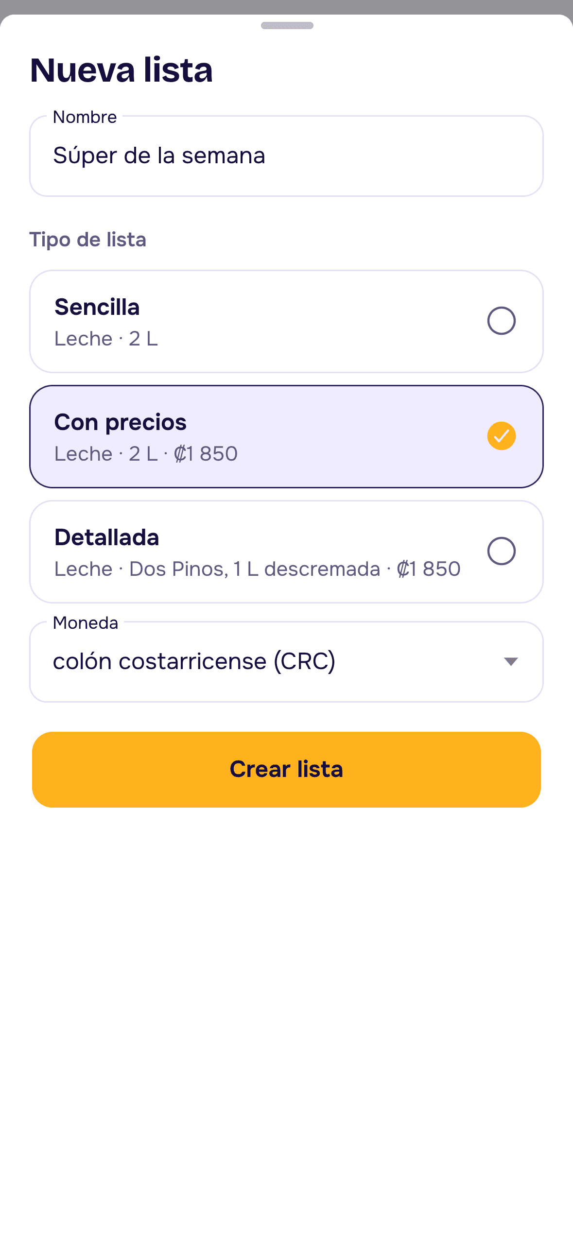 Pantalla para crear una lista nueva y elegir si es sencilla, con precios o detallada